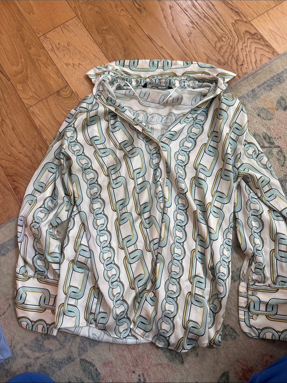 Zara Ivory Button-Down Top with Blue and Gold Chain Print